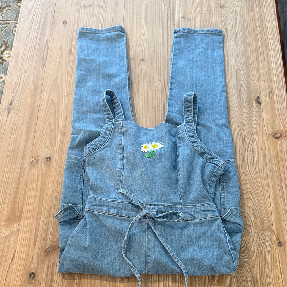 Tinseltown Blue Denim Jumpsuit with Daisy Embroidery